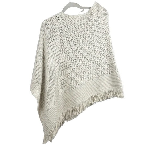 J. Jill Women’s Knit Crochet Poncho One Size Asymmetrical White Off Cotton Wool - Picture 2 of 6